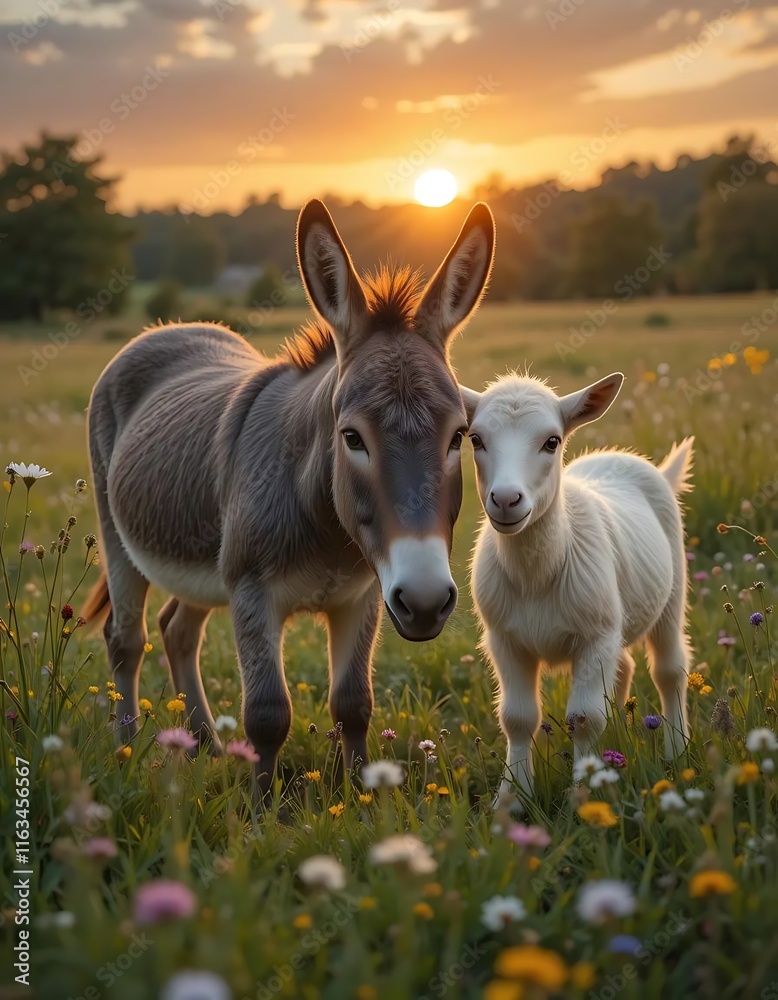 Obraz premium Donkey and Goat at Sunset in a Wildflower Meadow