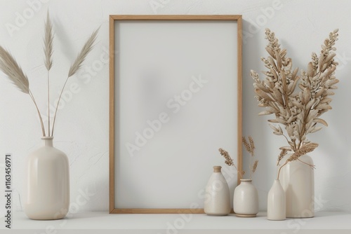 Wooden frame mockup with beige vases on white table.