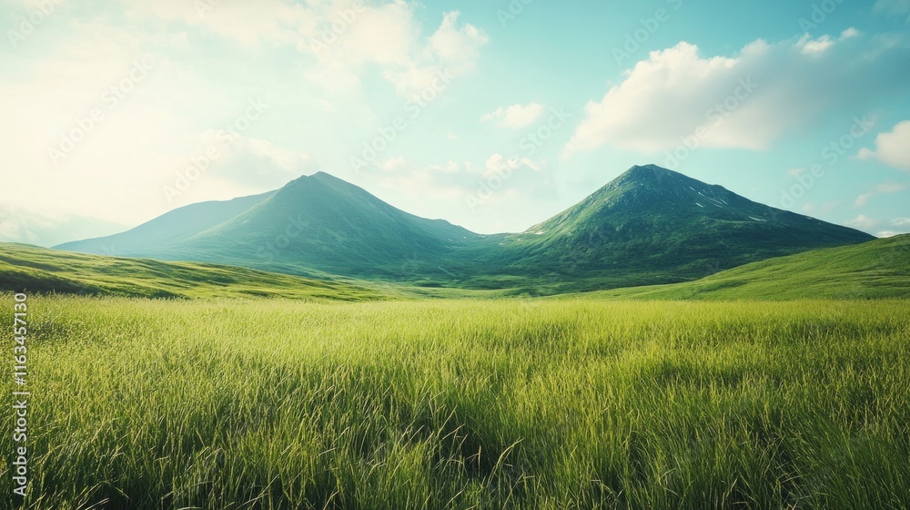 Naklejka premium The Harmony of Green Fields, Rice Terraces, and Volcanic Beauty.