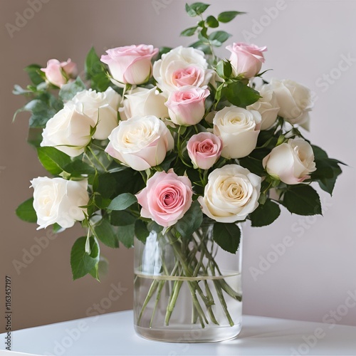 romantic bouquet of white and pink roses in a simple