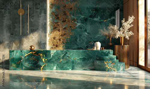 Exquisite emerald green marble highlighted with intricate gold designs for a refined, luxurious finish