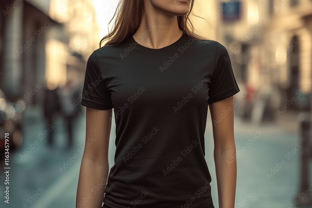 A woman wearing a black shirt walks down a street A woman wearing a black shirt walks down a street