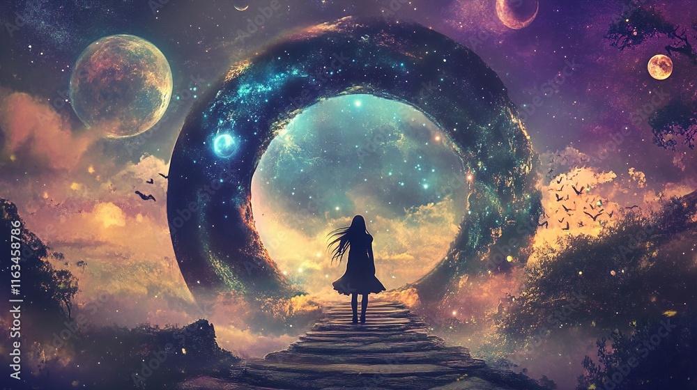 Obraz premium Cosmic Girl: A Surreal Journey Through the Stars