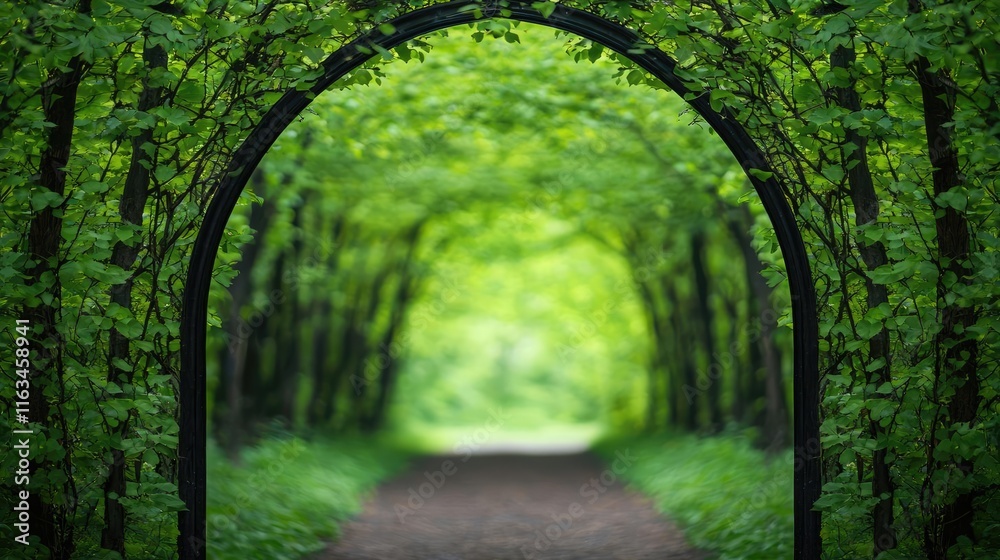 Naklejka premium Mystical greenery concept. A serene pathway surrounded by lush greenery, creating a peaceful atmosphere for walks.