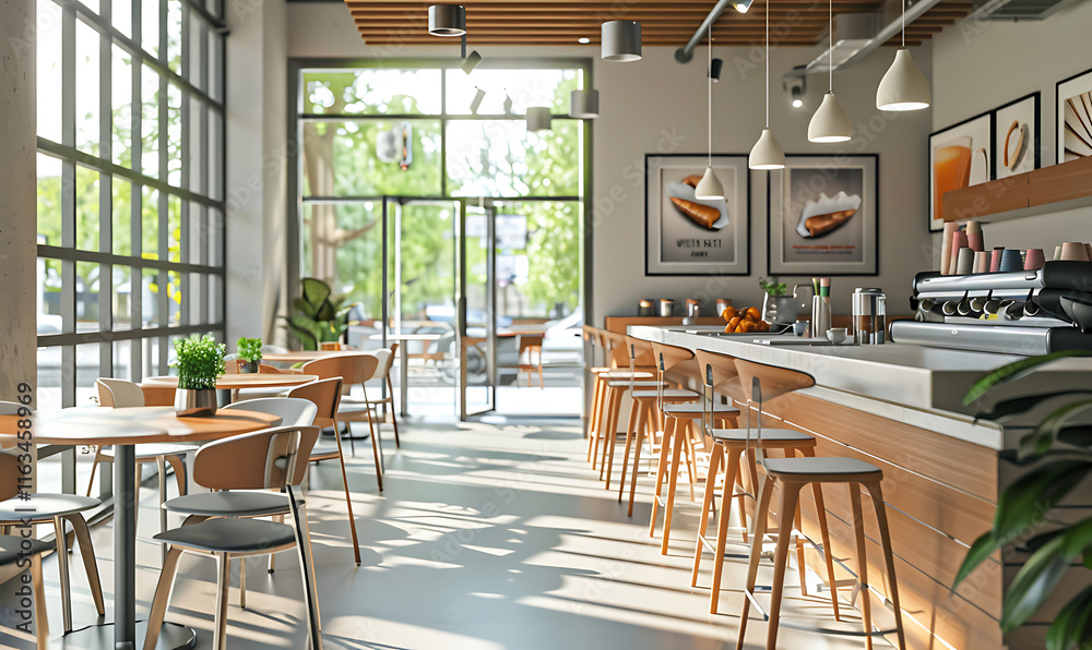 Sleek 3D café with clean lines, high-top tables, and chic bar stools Sleek 3D café with clean lines, high-top tables, and chic bar stools