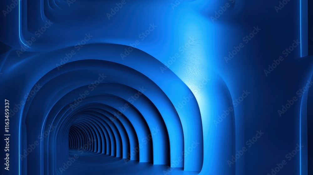 Obraz premium Abstract blue curved tunnel with futuristic arch design and soft lighting