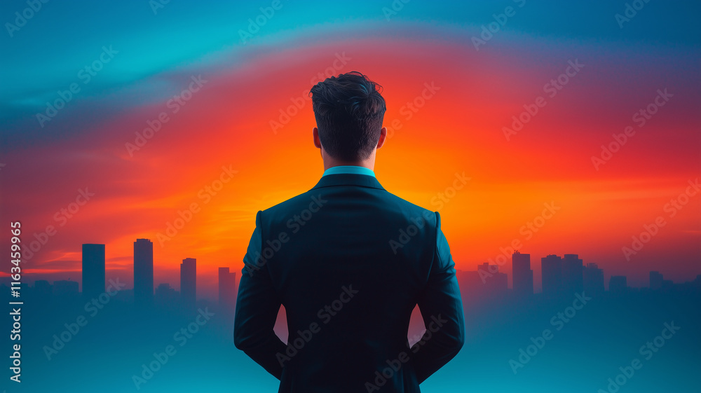 man in suit stands against vibrant sunset, overlooking city skyline. dramatic colors of sky evoke sense of ambition and hope for future man in suit stands against vibrant sunset, overlooking city skyline. dramatic colors of sky evoke sense of ambition and hope for future