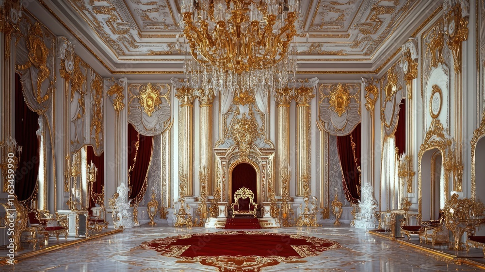 Obraz premium Luxurious palace interior with ornate decor, chandelier, and throne.
