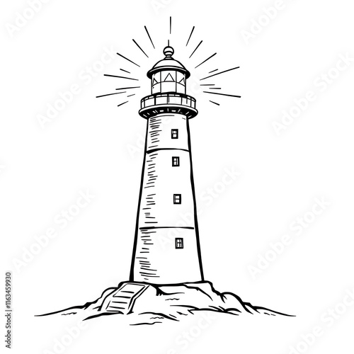 A thick-lined doodle of a lighthouse with beams of light, drawn in bold outlines with no fill color, placed on a plain white background.

