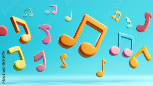 Colorful musical notes floating against bright blue background create cheerful and lively atmosphere, perfect for music related themes photo