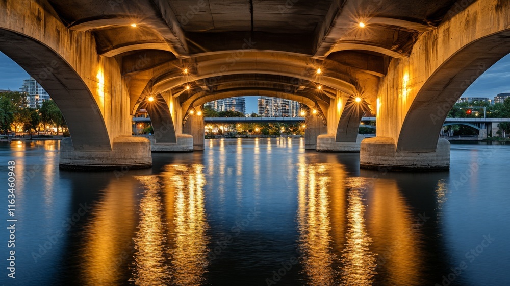 Fototapeta premium Illuminated Bridge with Arches at Night