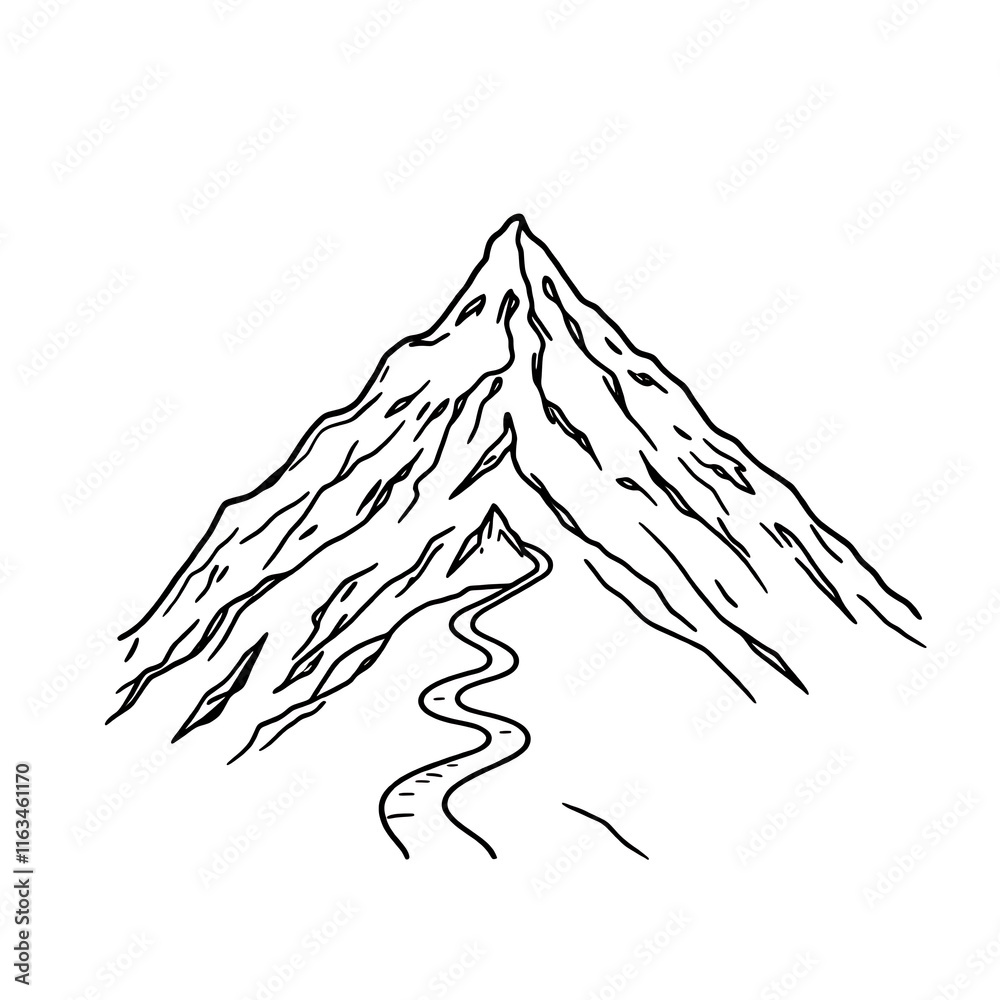 A thick-lined doodle of a mountain with snow caps and a winding trail leading up, drawn in simple outlines with no fill color on a plain white background.
A thick-lined doodle of a mountain with snow caps and a winding trail leading up, drawn in simple outlines with no fill color on a plain white background.