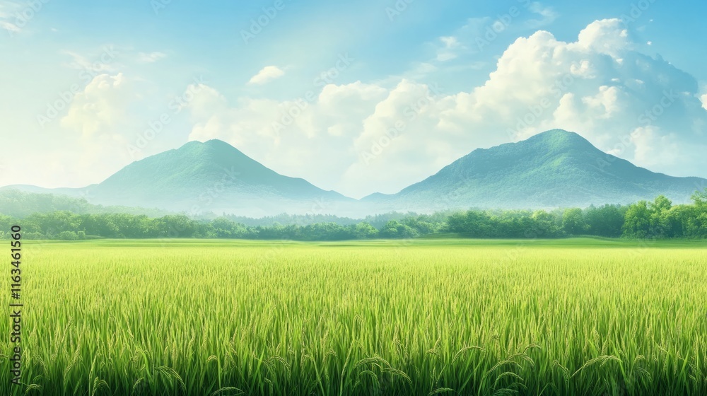 Green Grasslands and Rice Fields Under the Shadow of a Magnificent Volcano Green Grasslands and Rice Fields Under the Shadow of a Magnificent Volcano