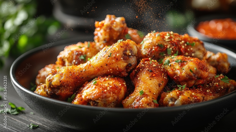 A close-up of spicy chicken drumsticks garnished with herbs and spices in a serving bowl. A close-up of spicy chicken drumsticks garnished with herbs and spices in a serving bowl.