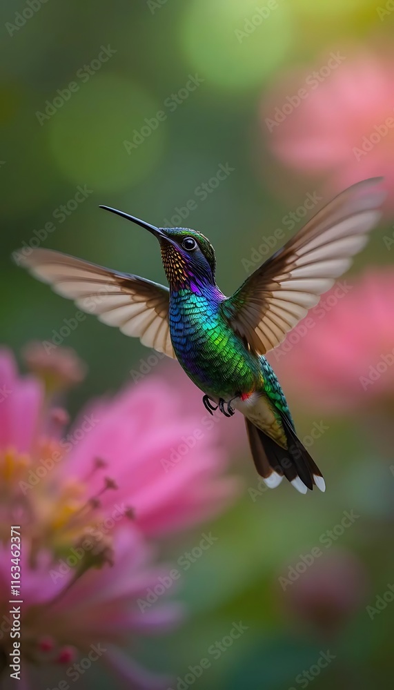 Fototapeta premium Vibrant Hummingbird in Flight Near Pink Flowers