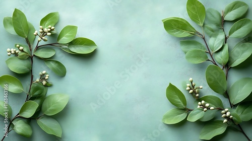Green leaves and budding flowers frame a pastel background