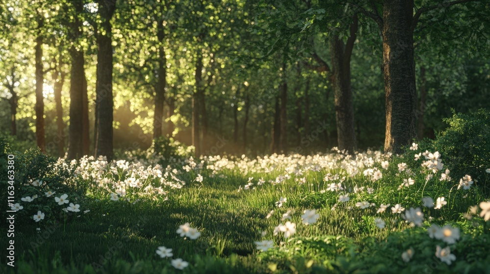 A serene forest scene with sunlight filtering through leaves and flowers blooming on the ground, inviting peace and tranquility.