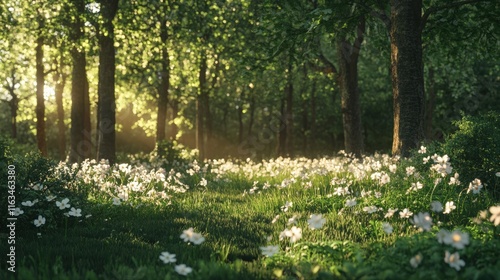 Obraz na płótnie A serene forest scene with sunlight filtering through leaves and flowers blooming on the ground, inviting peace and tranquility. w salonie