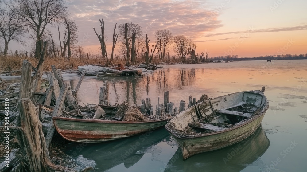 Abandoned Boats on a Frozen Lake at Sunset with Tree Silhouettes