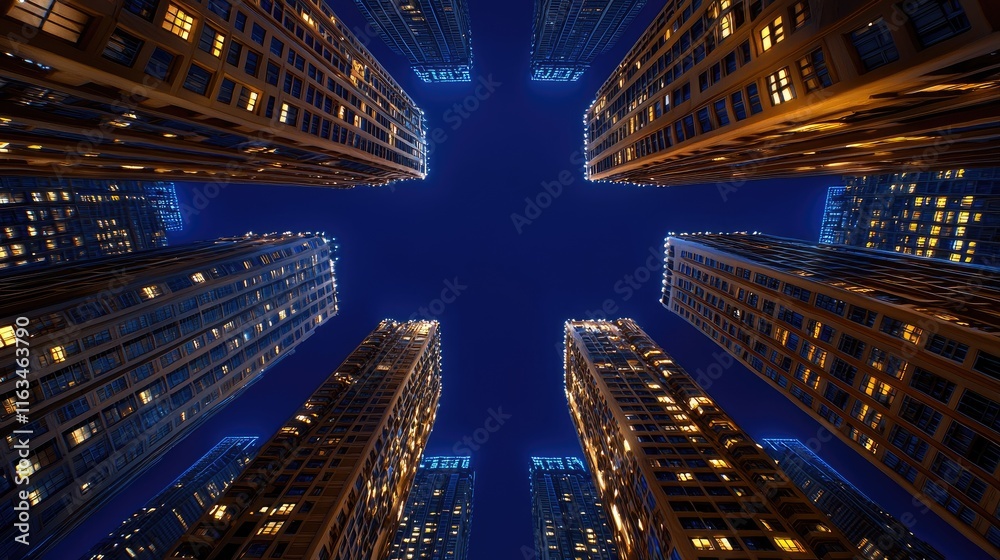 Fototapeta premium Nighttime skyscrapers illuminated urban cityscape photograph modern environment aerial view urban life