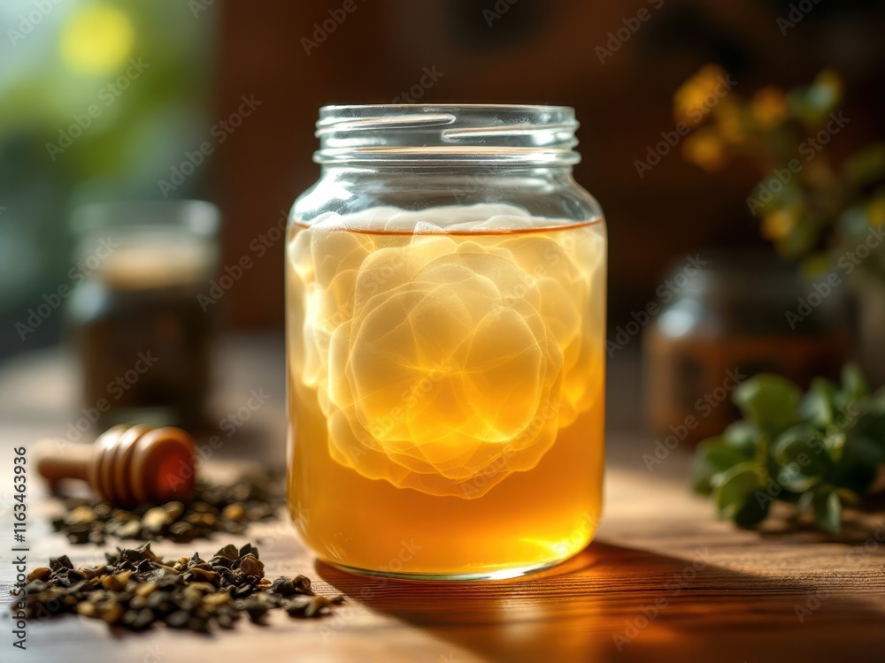 Fermentation: golden kombucha in a glass jar with scoby Fermentation: golden kombucha in a glass jar with scoby