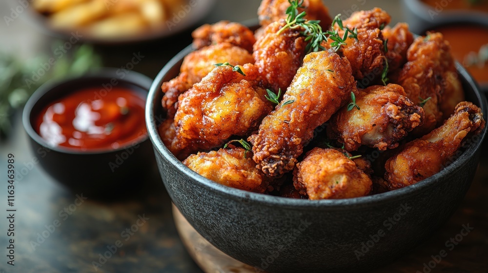 A bowl of spicy chicken wings served with a side of dipping sauce. A bowl of spicy chicken wings served with a side of dipping sauce.