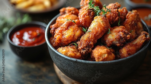 A bowl of spicy chicken wings served with a side of dipping sauce.