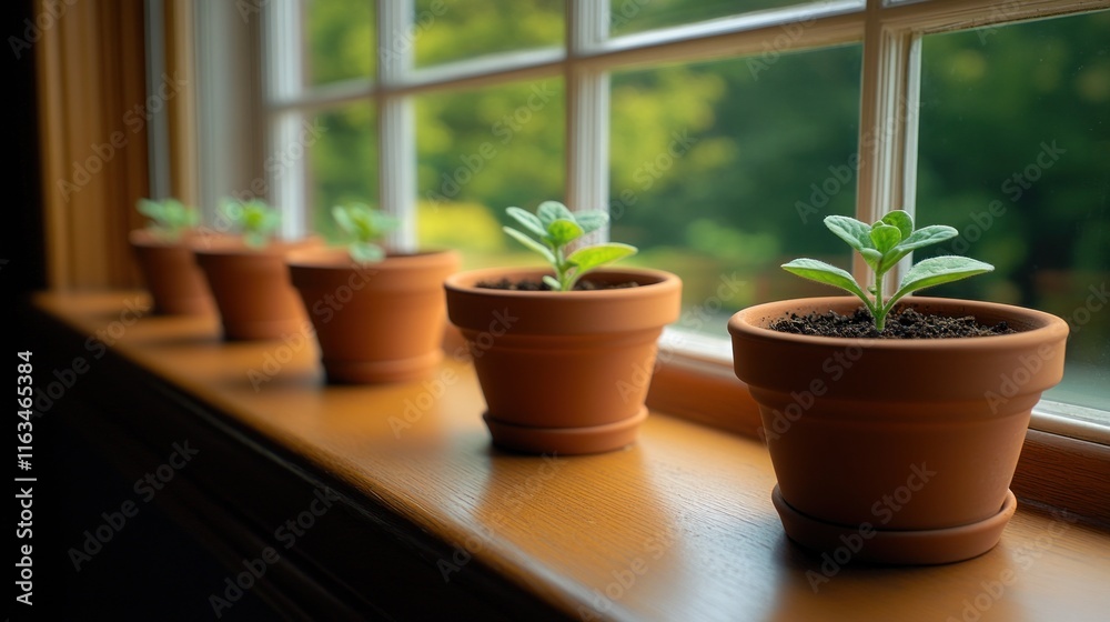 Windowsill Spring: Tiny Terracotta Pots and Greenery