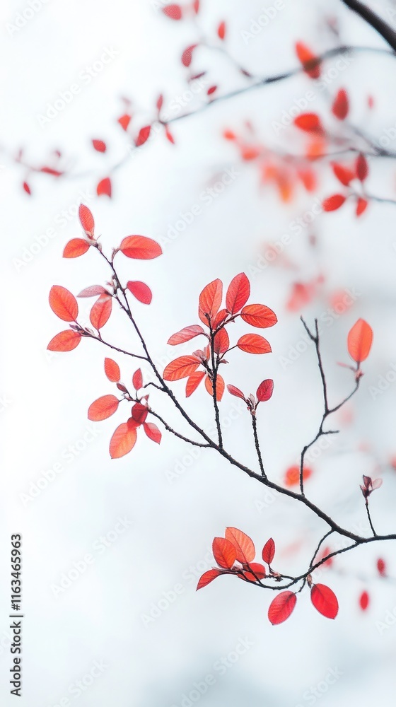 Naklejka premium Close-Up of Vibrant Red Autumn Leaves on Branch with Subtle Sky Background