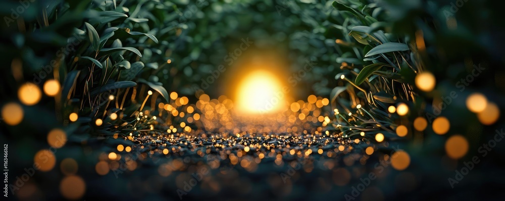 Mystical vegetation idea. A serene pathway illuminated by glowing lights and surrounded by lush green foliage. Mystical vegetation idea. A serene pathway illuminated by glowing lights and surrounded by lush green foliage.