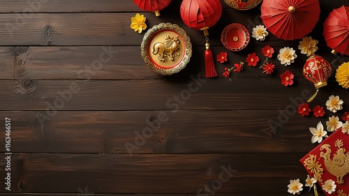 Wallpaper Mural Chinese new year festival, Top view flat lay lunar new year or Happy Chinese new year decorations celebration with copy space on the background Torontodigital.ca