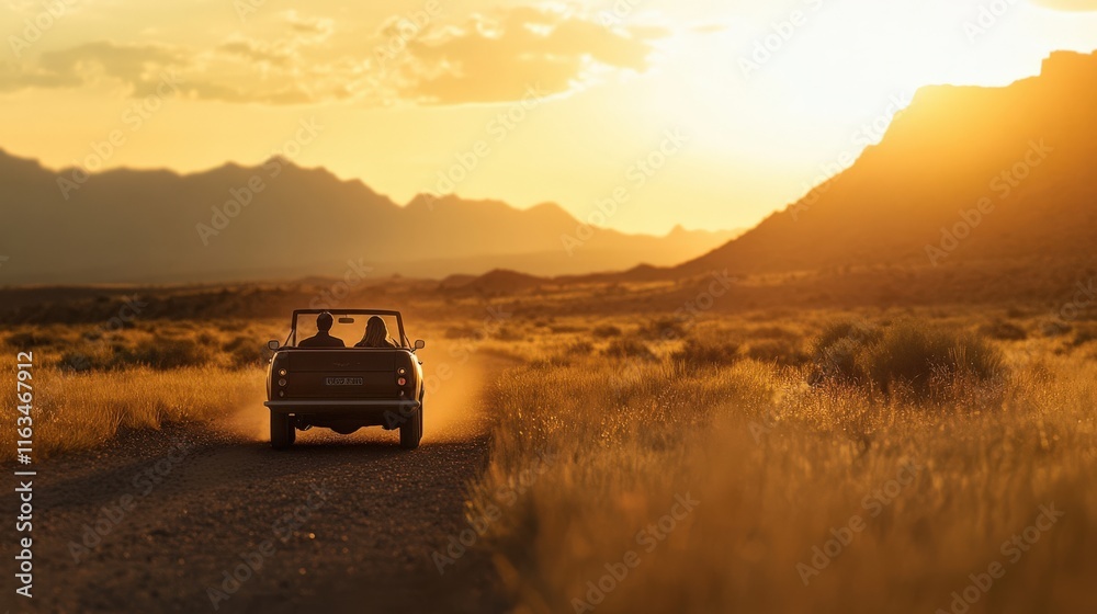 A car drives down a dirt road at sunset, surrounded by mountains and fields. The scene captures adventure and freedom in nature. A car drives down a dirt road at sunset, surrounded by mountains and fields. The scene captures adventure and freedom in nature.