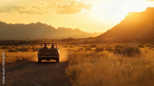 Obraz na płótnie A car drives down a dirt road at sunset, surrounded by mountains and fields. The scene captures adventure and freedom in nature. w salonie