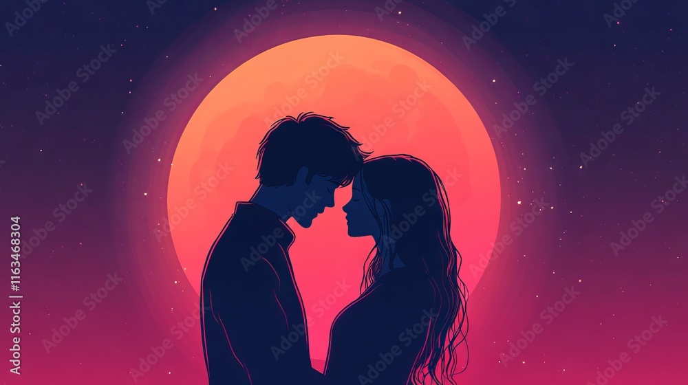 Minimalist hand-drawn 2d japanese anime illustration of a lofi couple in love under moonlight, night passion scene with seamless 4k loop background