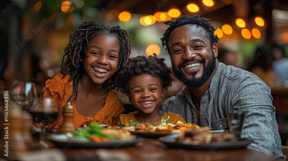 A happy African American family enjoys a meal together at a restaurant. A happy African American family enjoys a meal together at a restaurant.