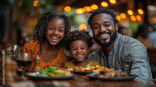 A happy African American family enjoys a meal together at a restaurant.