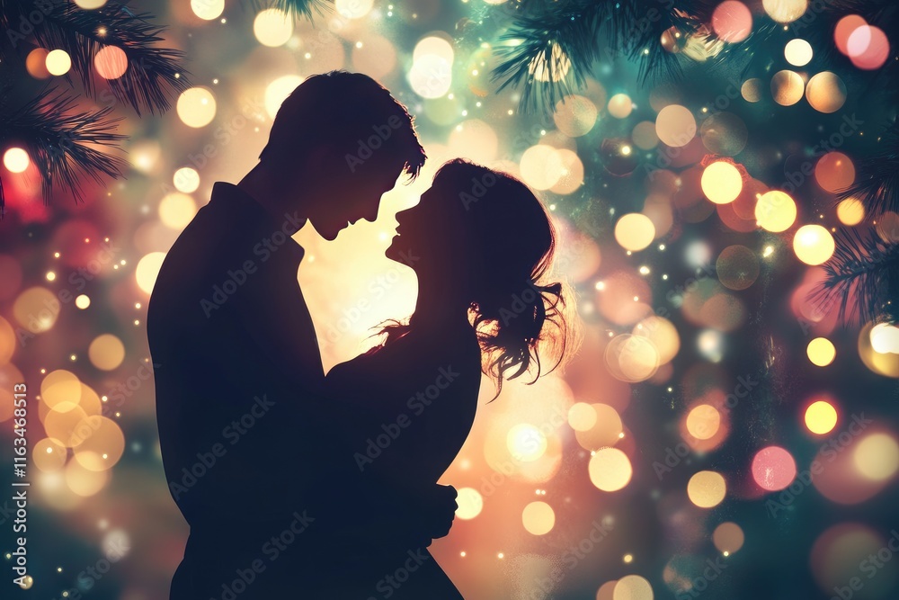 Romantic Silhouette of Couple Embracing Amidst Vibrant Bokeh Lights in Festive Setting Romantic Silhouette of Couple Embracing Amidst Vibrant Bokeh Lights in Festive Setting