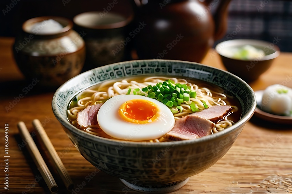 Ramen Bowl - Close-Up of Noodles and Toppings Ramen Bowl - Close-Up of Noodles and Toppings