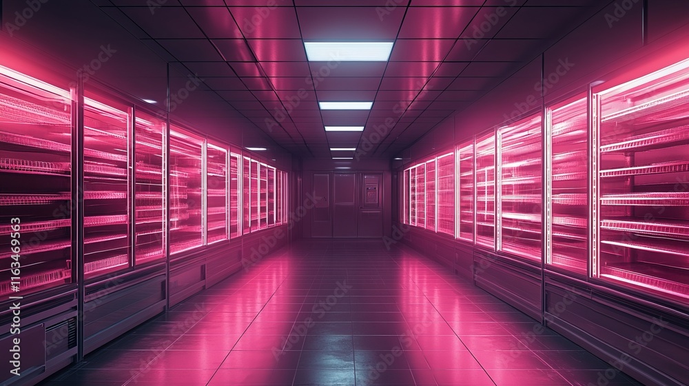 Fototapeta premium Empty commercial freezer with clean shelves and bright lighting
