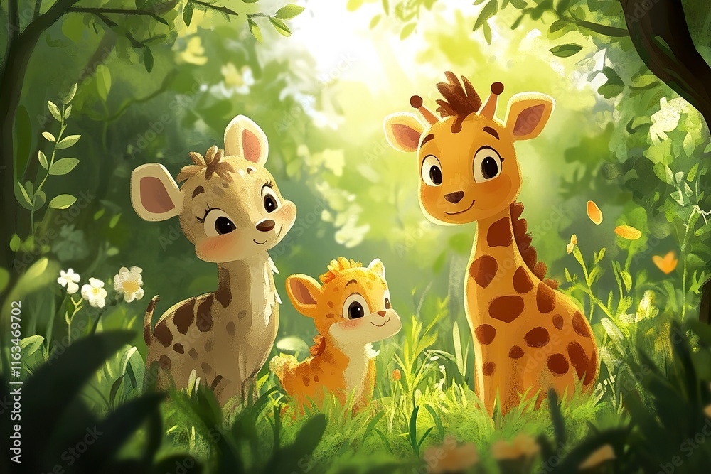 Fototapeta premium Three Adorable Baby Animals In A Sunny Forest Clearing