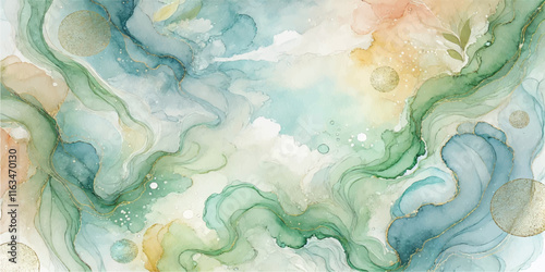 Soft Abstract Watercolor Background with Green and Peach Tones