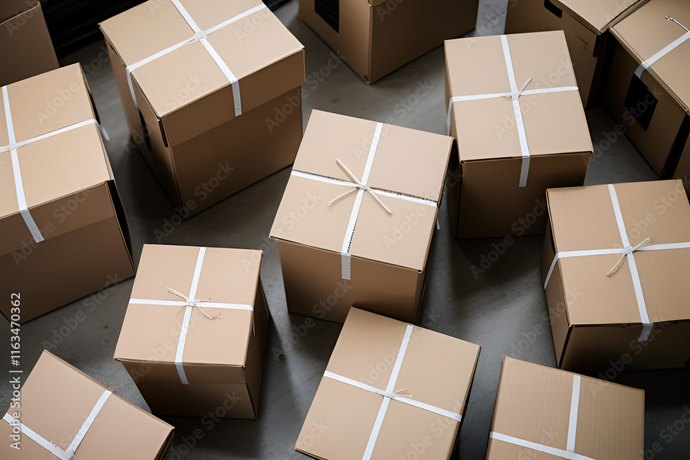 Above table top view of female warehouse worker or seller packing ecommerce shipping order box for dispatching, preparing post courier delivery package, dropshipping shipment service