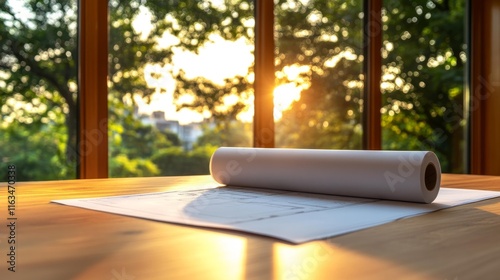 Roll of Blueprints on a Table in a Modern Studio. Generative AI photo