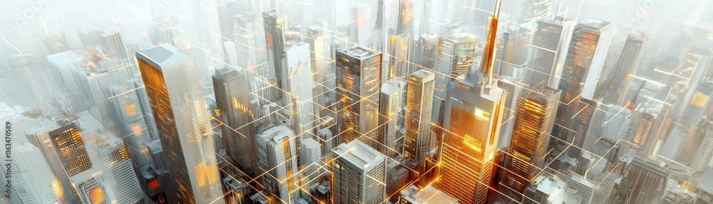 Obraz premium Aerial view of a vibrant city skyline with modern skyscrapers glowing under sunlight, showcasing urban architecture and a bustling atmosphere.