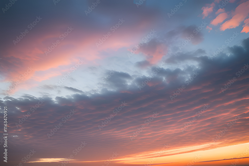 Fototapeta premium Toned dramatic sky background. Blue gray sky with orange pink clouds. Cloudscape. Fantastic sunset.