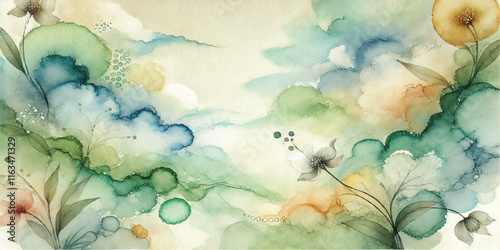 Soft Abstract Watercolor Background with Green and Peach Tones