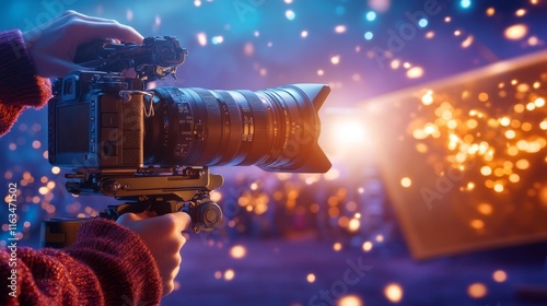 Filmmaker Adjusting Camera Focus on a Film Set. Generative AI photo