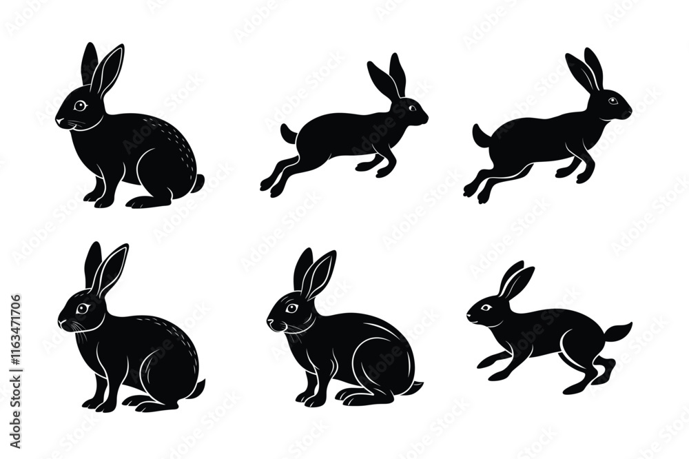 Fototapeta premium Rabbit silhouette set illustration on a white background. Animal silhouette collection for easter day