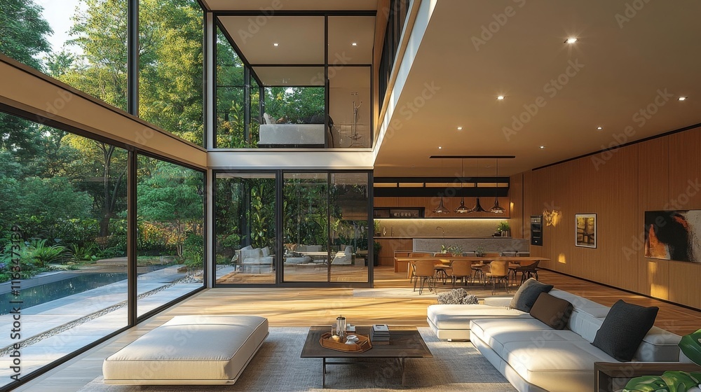 Fototapeta premium Modern living room with large windows and lush greenery. Generative AI