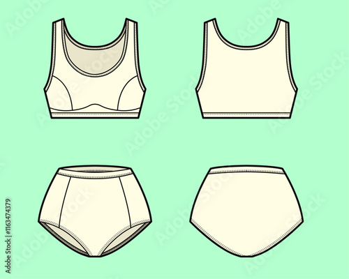 Bra and Pantie two-piece swimsuit ecru colour flat sketch outline for beachwear and swimwear.